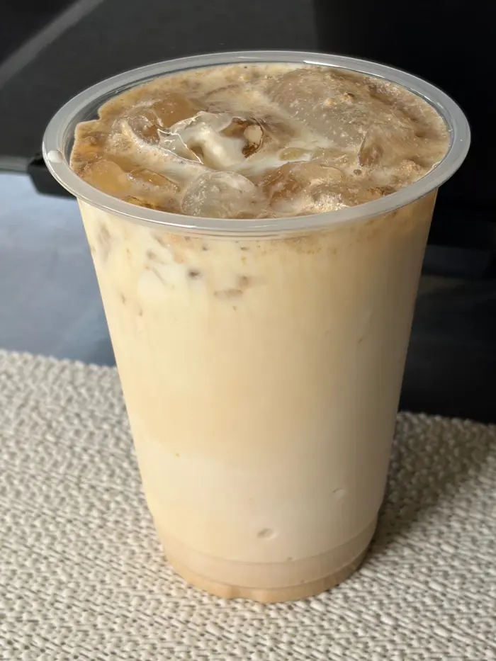 Iced chai over ice from Upside Down Coffee on the Go