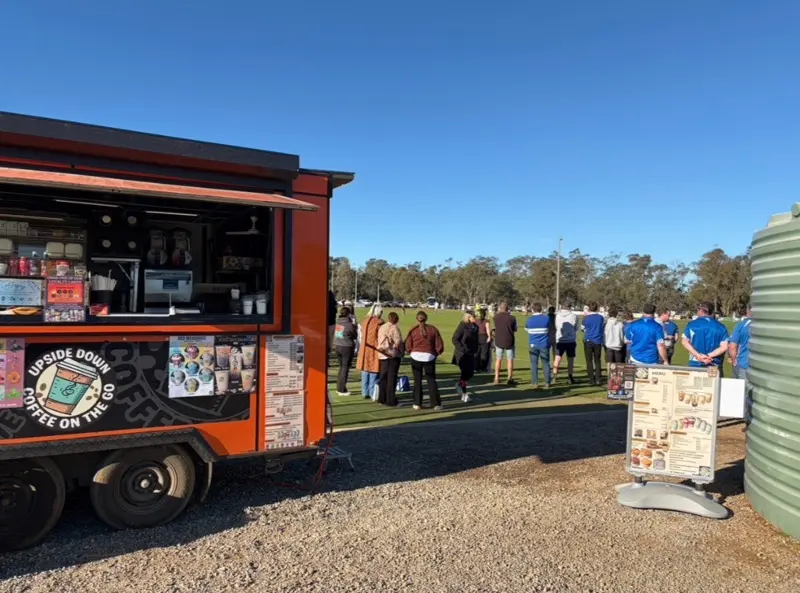 Upside Down Coffee van serving a crowd at Katamatite